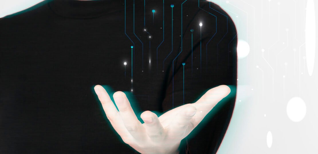 Glitching woman&rsquo;s hand background using futuristic technol